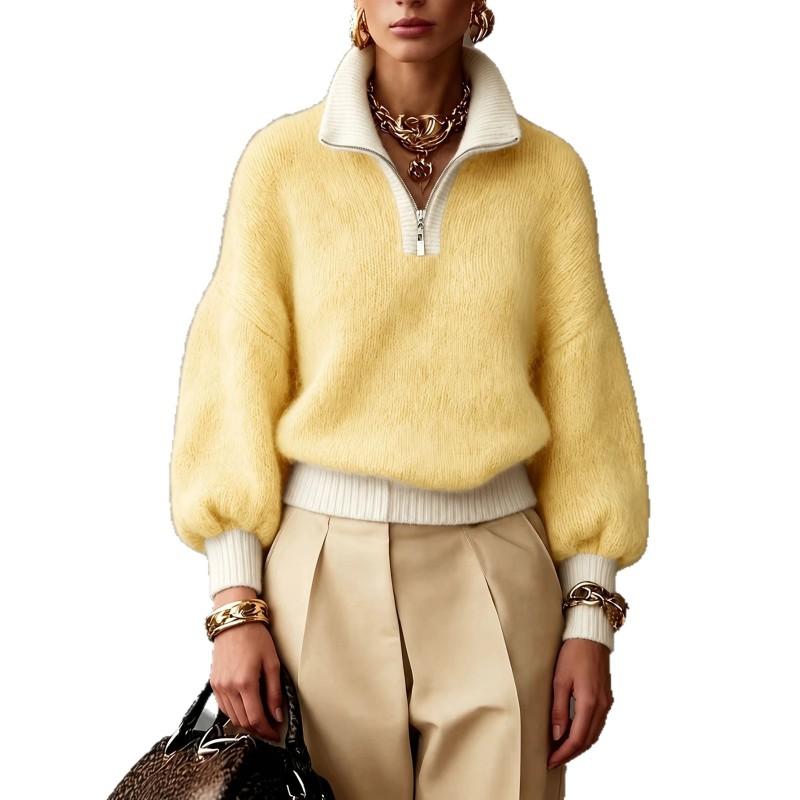 2026 Womens High Neck Zipper Sweater Loose Knit Pullover Casual Streetwear Cardigan Style