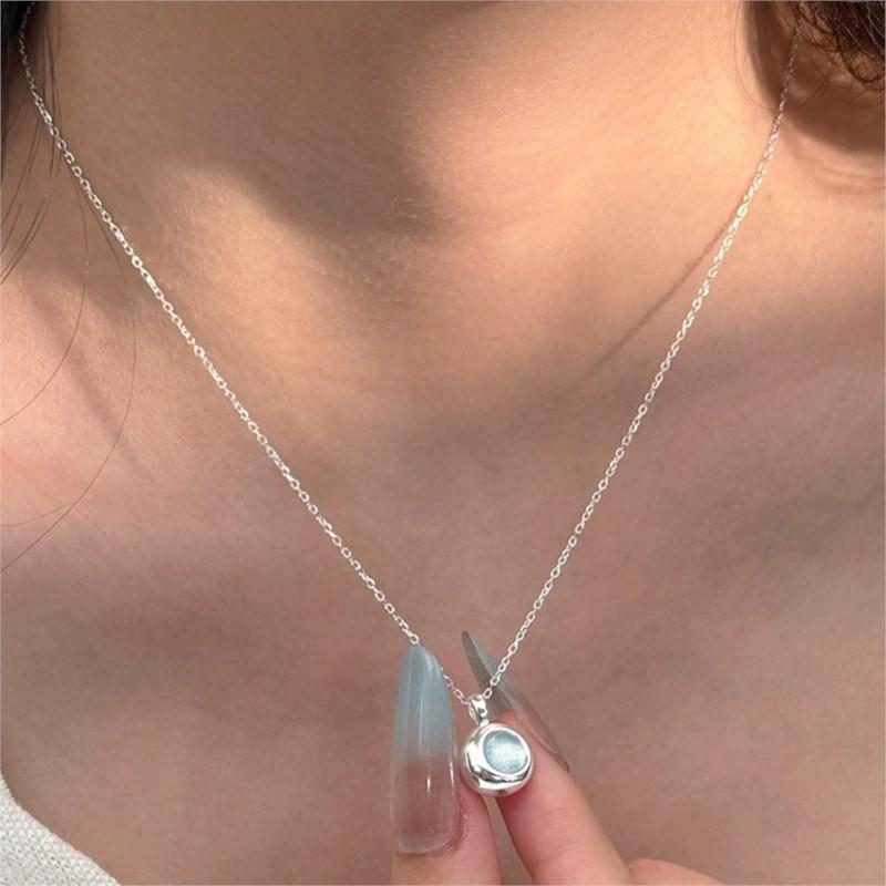 PANJBJ 925 Sterling Silver Blue Crystal Necklace for Women Design Minimalism Sweet Extremely Fine Jewelry Birthday Gift Dropship