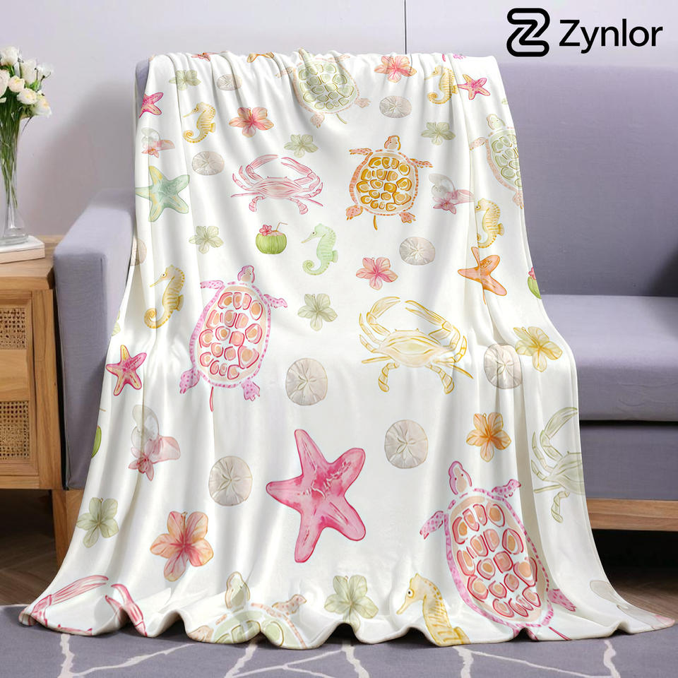 Pastel Sea Creature Cartoon Anime Print Flannel Blanket Soft Warm Throw for Kids Bedroom Sofa Bed Christmas Office Car