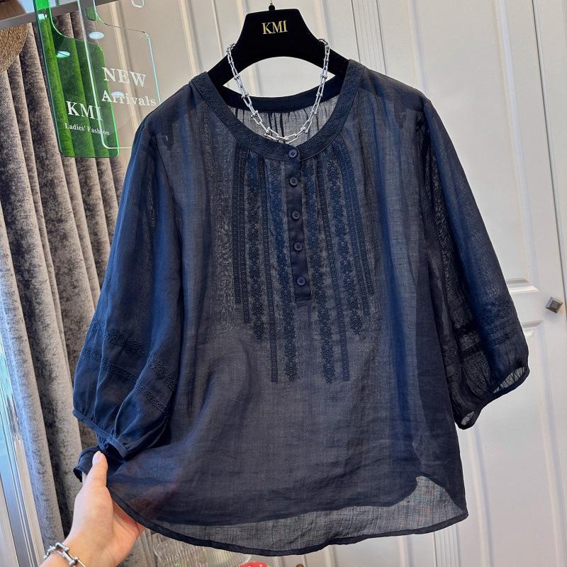 Women's Retro Embroidered Mid-Sleeve Ramie Chiffon Shirt - Lightweight, Loose, Slightly Sheer, Summer 2025 Edition.