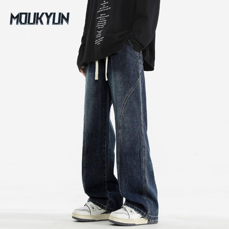 

Men s Loose Jeans Korean Fashion Breathable Cotton Drawstring Wide-Leg Baggy Denim Pants Straight Jean Trousers S