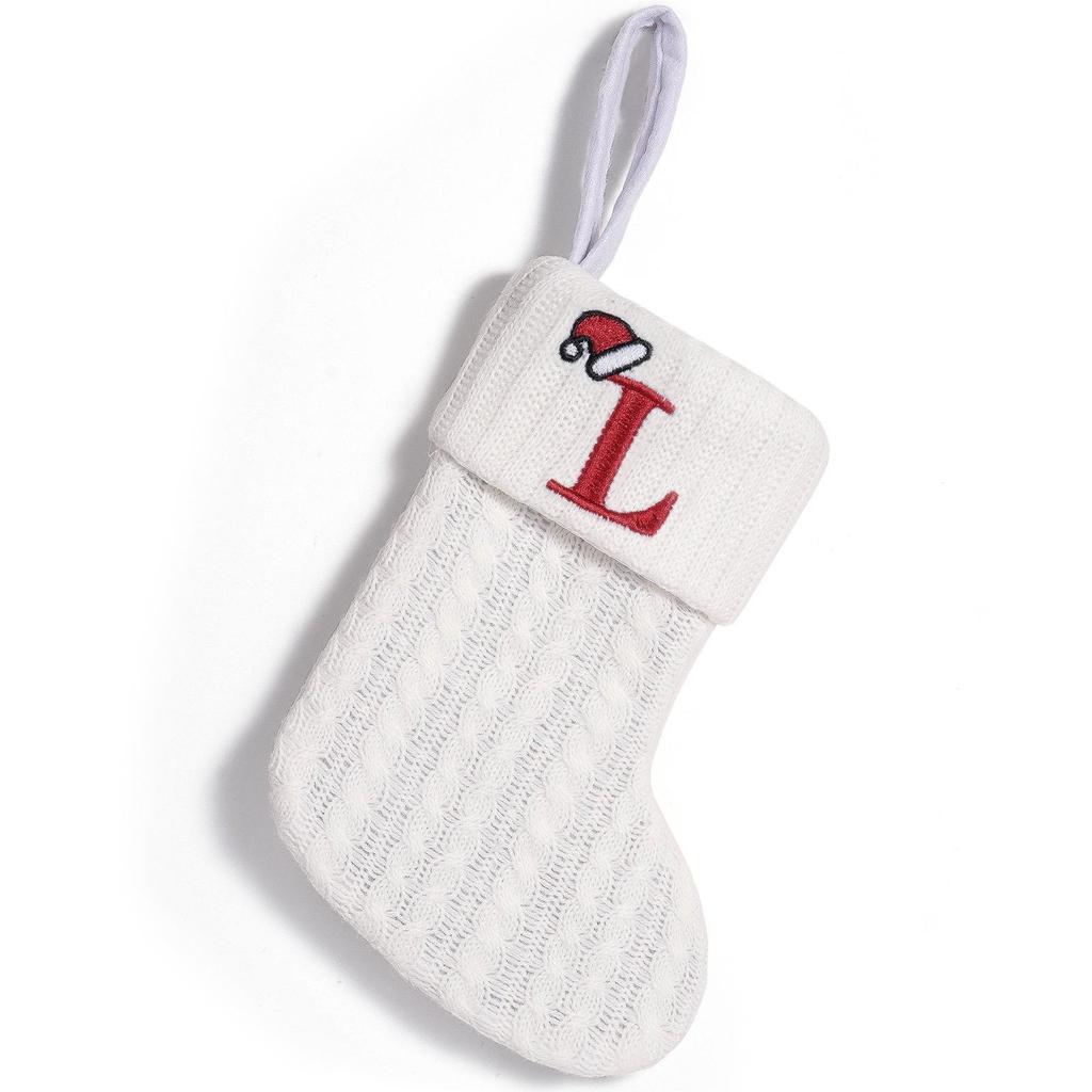 Cross-Border White Knitted Christmas Stocking with Letter Embroidery – Decorative Gift Bag Ornament.