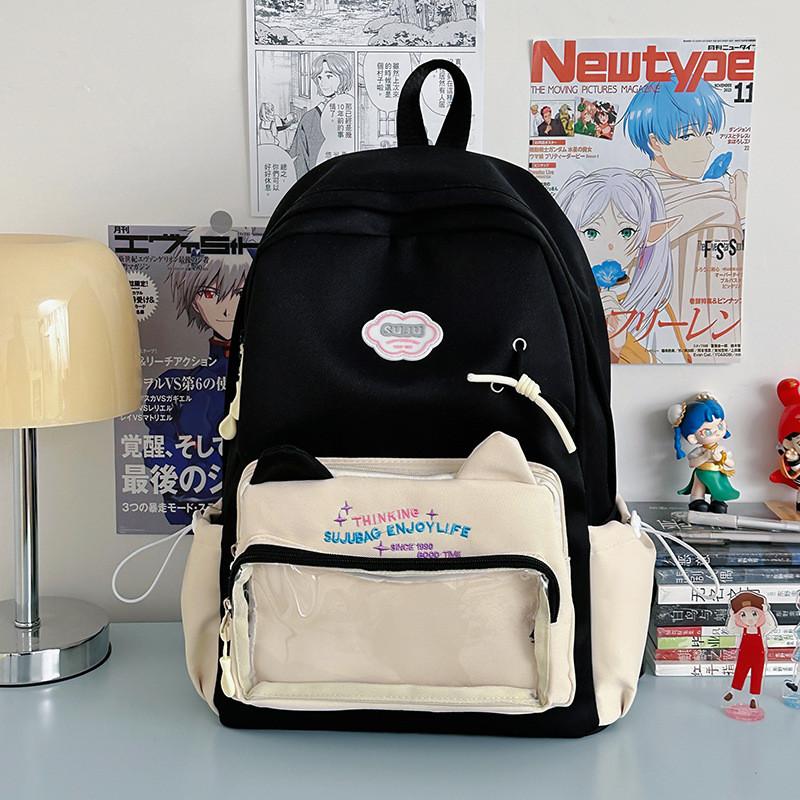 

Embroidery Backpack Trendy With Transparent Pouch For Students Outings Casual чёрный