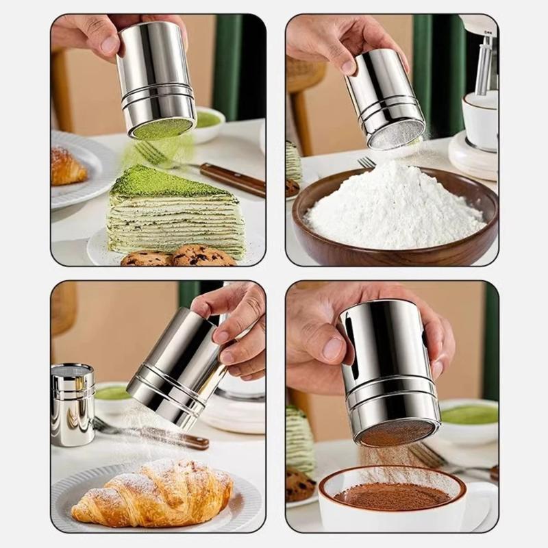 Saupoudreuse avec couvercle Poudre de cacao Café Acier inoxydable Saupoudreuse Seau à mailles fines Bouteille à épices Cuisine Maison