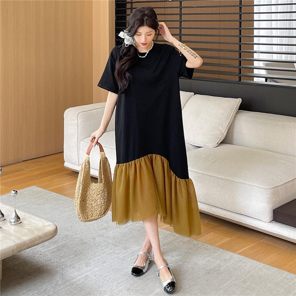 Dimanaf 2025 Summer Plus Size Dress Women Casual Vintage Spliced Dress Basic Loose Long Short Sleeve Dress Cotton