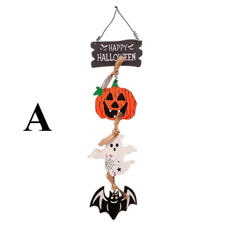 New Wooden Halloween Door Sign Pumpkin Ghost Bat Happy Halloween Doorplate Trick Or Treat Horror Props Door Hanging Decorations