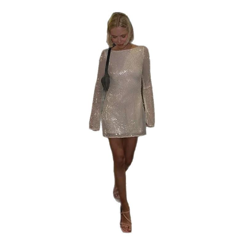 European and American new party sequin dress casual fashion hip-wrapped women's long-sleeved backless dress