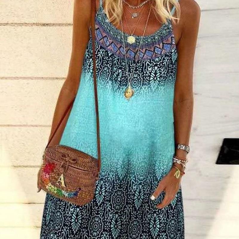 Ladies Fashion Summer Boho Loose Casual Print Ethnic Slip Dress