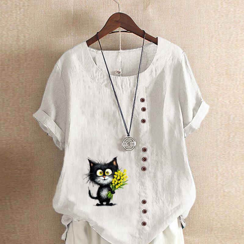 

Женская мода Черная кошка держит цветы футболка с коротким рукавом с принтом свободная хлопковая рубашка повседневная свободная летняя блузка топы больших размеров 5XL белый