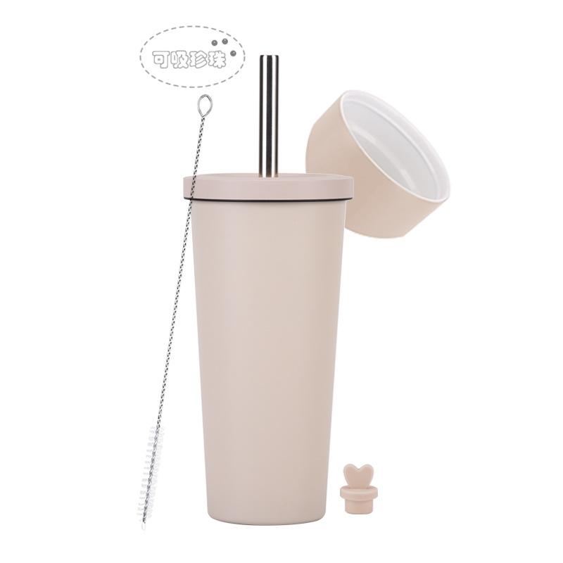 2025 Stainless Steel Straw Cup Ceramic Liner Bubble Tea Cup Vacuum Double-Layer Straw Thermos Cup
