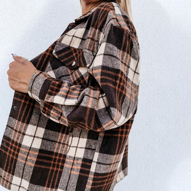 Plaid Women Shirt Autumn Loose Long Sleeve Single Breasted Pocket Female Retro Casual Lady Chemise