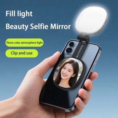 Luz de Preenchimento Magnética para Selfie de Celular Foto ao Vivo Mini Espelho de Maquiagem Portátil Dobrável Bolso Luz LED Suporte para Celular