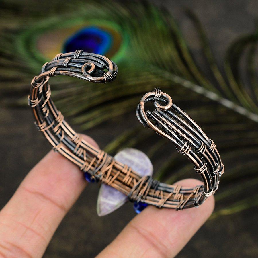 Natural Russian Charoite Gemstone Copper Wire Wrap Cuff Bangle Adjustable p9n68