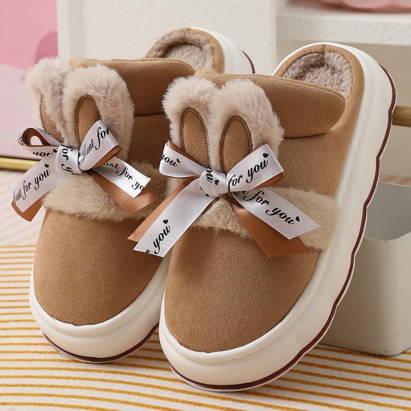 Fashion Thick Soled Women's Slippers 2024 New Winter Bow Decoration Home Interior with Plush Insulation Anti Slip Properties Platform