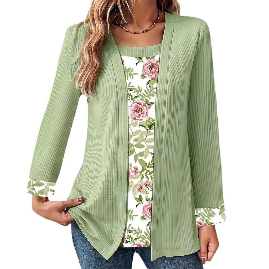 2024 Autumn-Winter Women's Solid Color Printed Patchwork Long Sleeve Fake Two-Piece T-Shirt