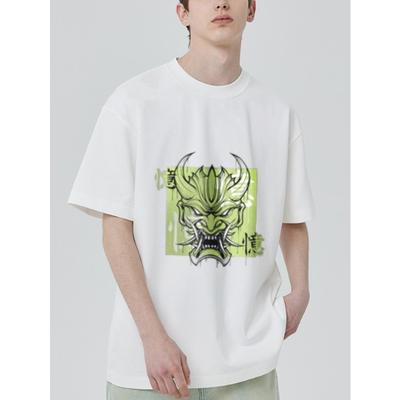 Weißes T-Shirt Herren Streetwear Grafik Drachengesicht Print Chinesische Schriftzeichen Lässig Mode Top Alltagskleidung Sommer Outfit