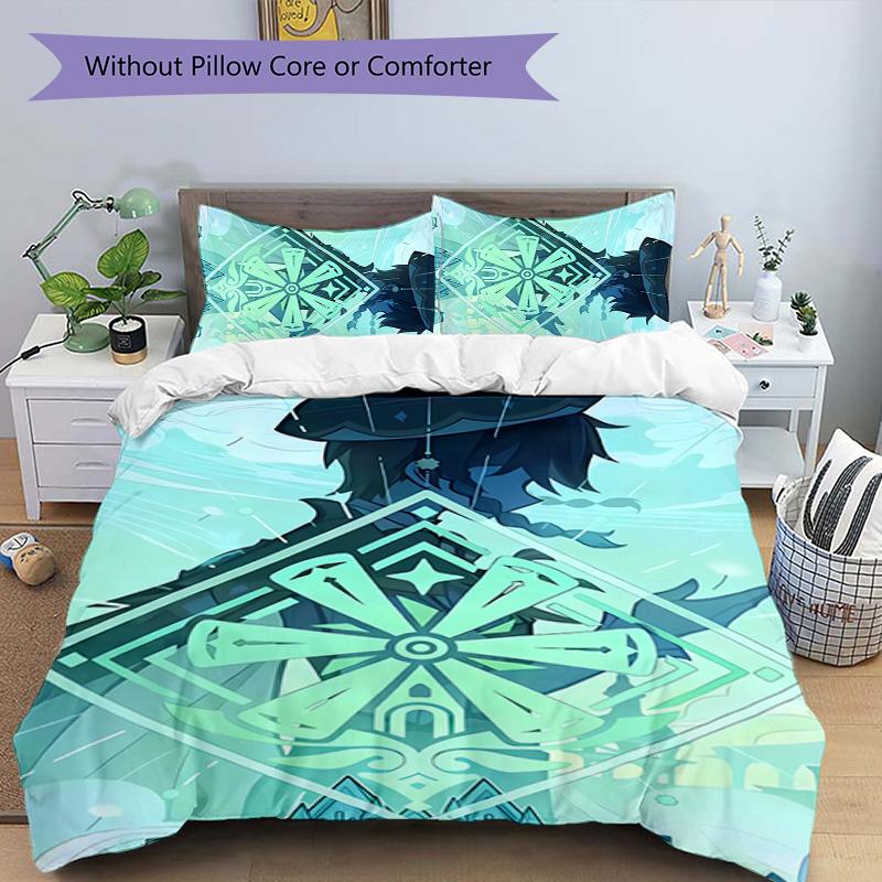 3pcs Genshin Impact pattern bedding set duvet cover set includes duvet cover &pillowcases, perfect all season bedroom decoration & gift