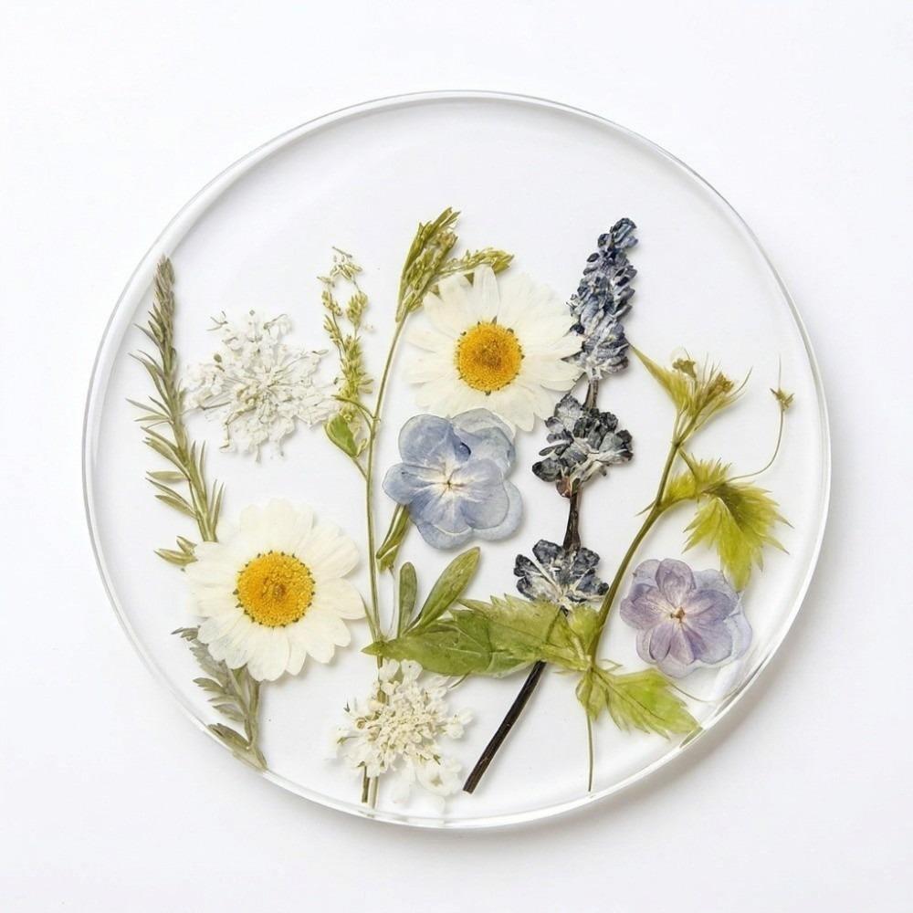 Round Floral Print Coasters Transparent Cup Mat Durable Insulation Pad Tea Table