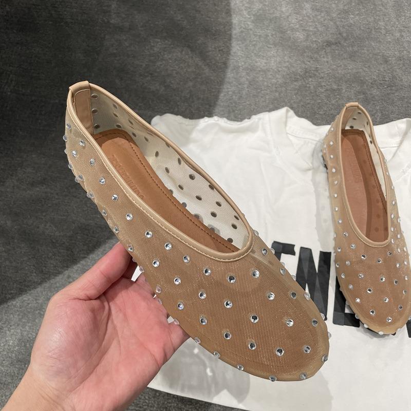 Sheepskin Rhinestone Fishing Net Shoes Mary Jane Shoes Mesh Yarn Breathable Hollow Sandals Women's Summer Wear Flat Bottom Shallow Mouth Single Shoes