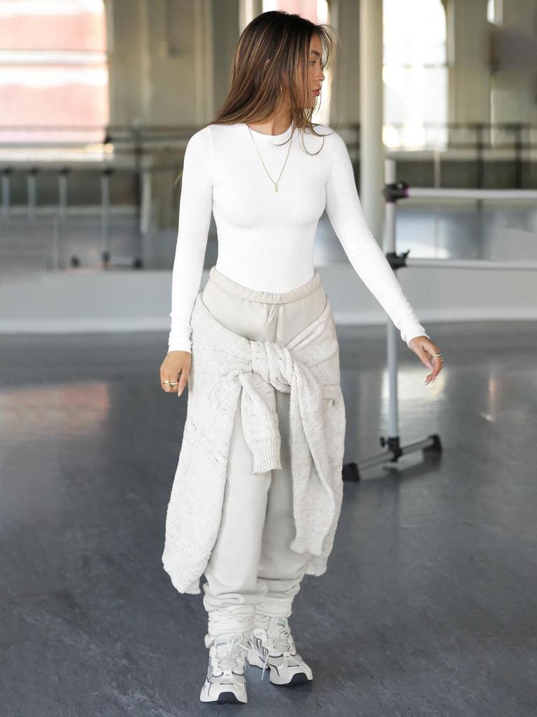 2025 Y2K Ribbed Crew Neck Women's Slim Fit Long Sleeve T-Shirt - Solid Color