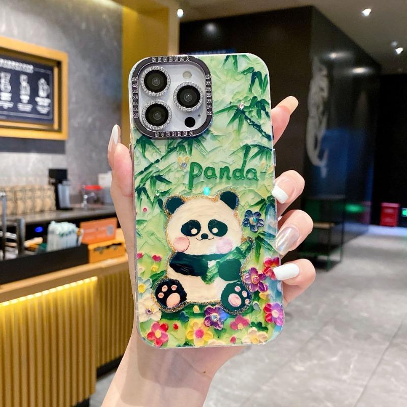 Cartoon Blue Light Panda Oil Painting Apple 15 Sparkling Diamond Lens Film Phone Case Suitable for IPhone14 Bead Bracelet