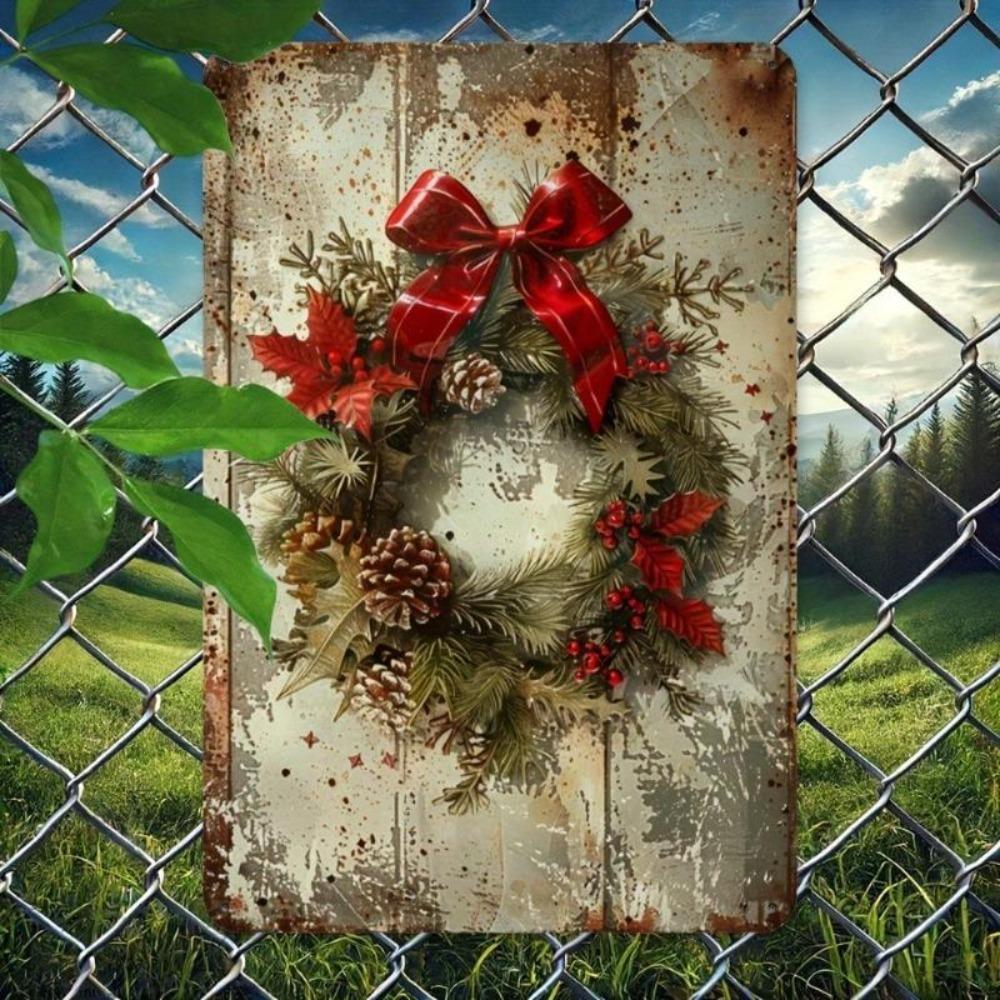 Vintage Metal Tin Sign Retro Christmas Wreath Wall Decor Home Kitchen Bar Gift
