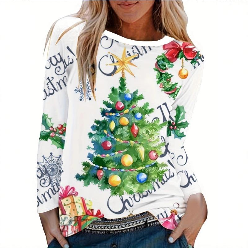 New Women's Christmas Style Casual Long-sleeved Round Neck Top Fashionable and Versatile Digital Printing