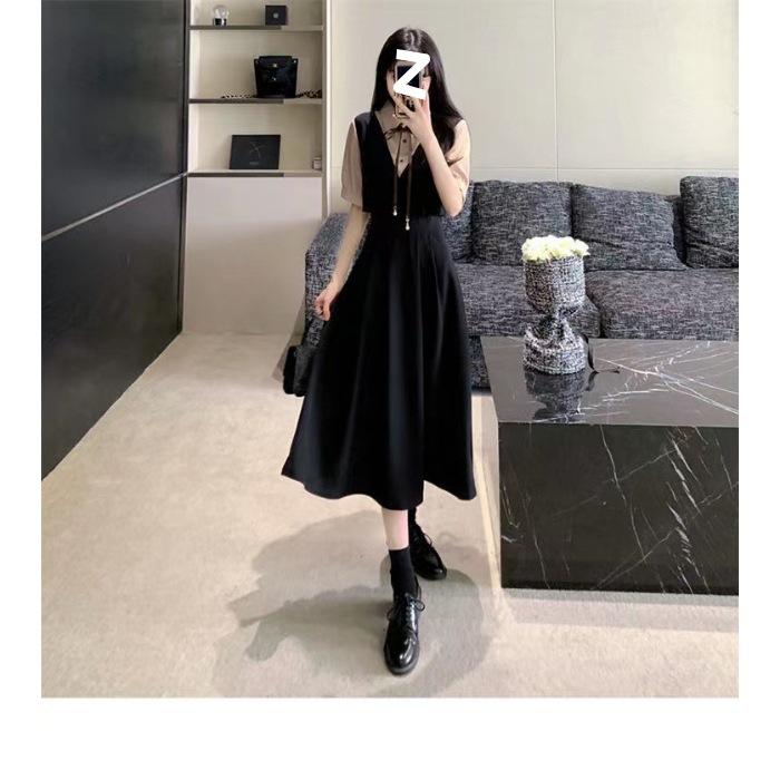 

Large size suit skirt covering meat high waist splicing fake two-piece dress women s summer and Korean college style age-reducing dress S