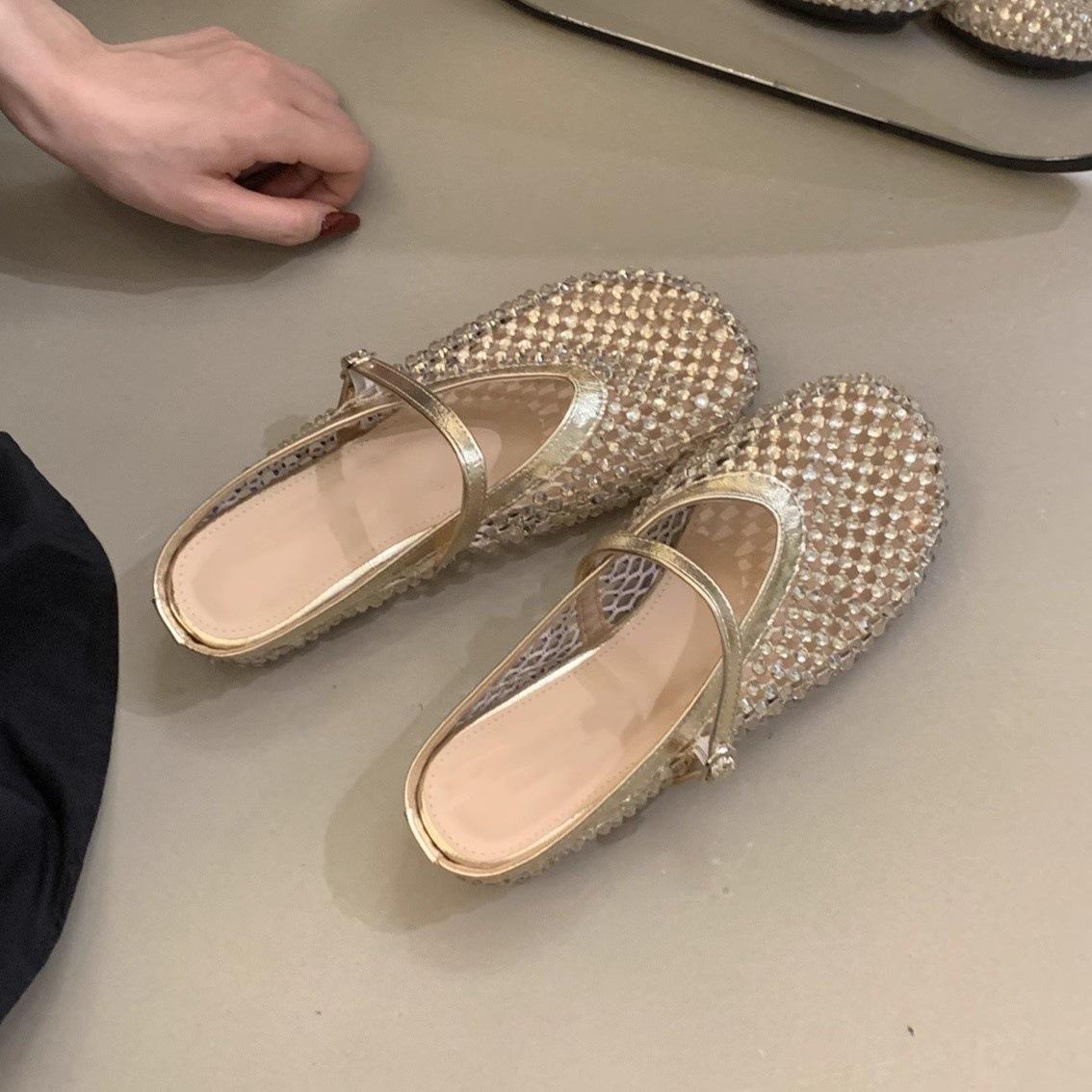 

Плетеные вручную стразы Galaxy, полушлепанцы с внутренней платформой, женские новые рыболовные сети, дышащие сказочные сандалии на толстой подошве 35 золотой