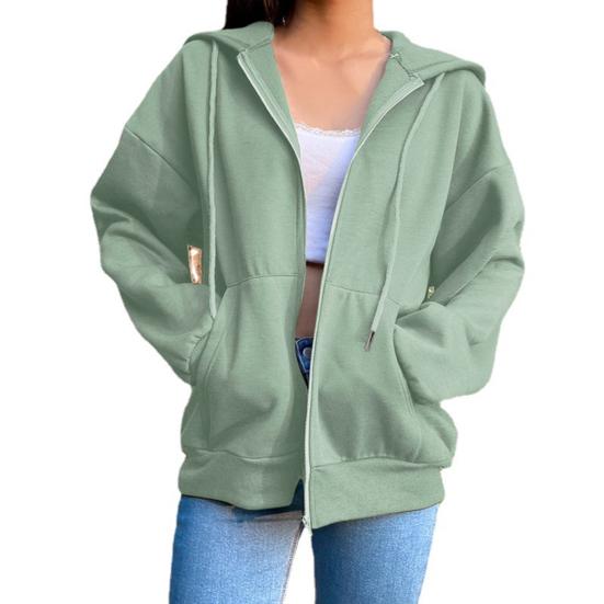 Drawstring Long Sleeves Pockets Zipper Closure Hoodie Coat Autumn Solid Color Women Sweatshirt Jacket
