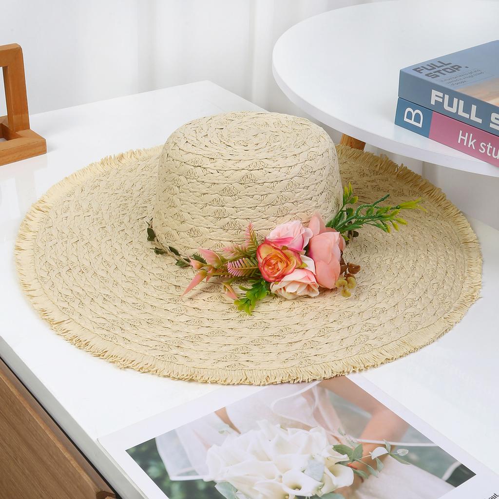 Lace Bow Straw Hat Women's Summer French Large Brim Sunscreen Hat Seaside Beach Vacation Sun Hat