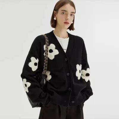 European & American Autumn V-Neck Floral Knit Cardigan for Women