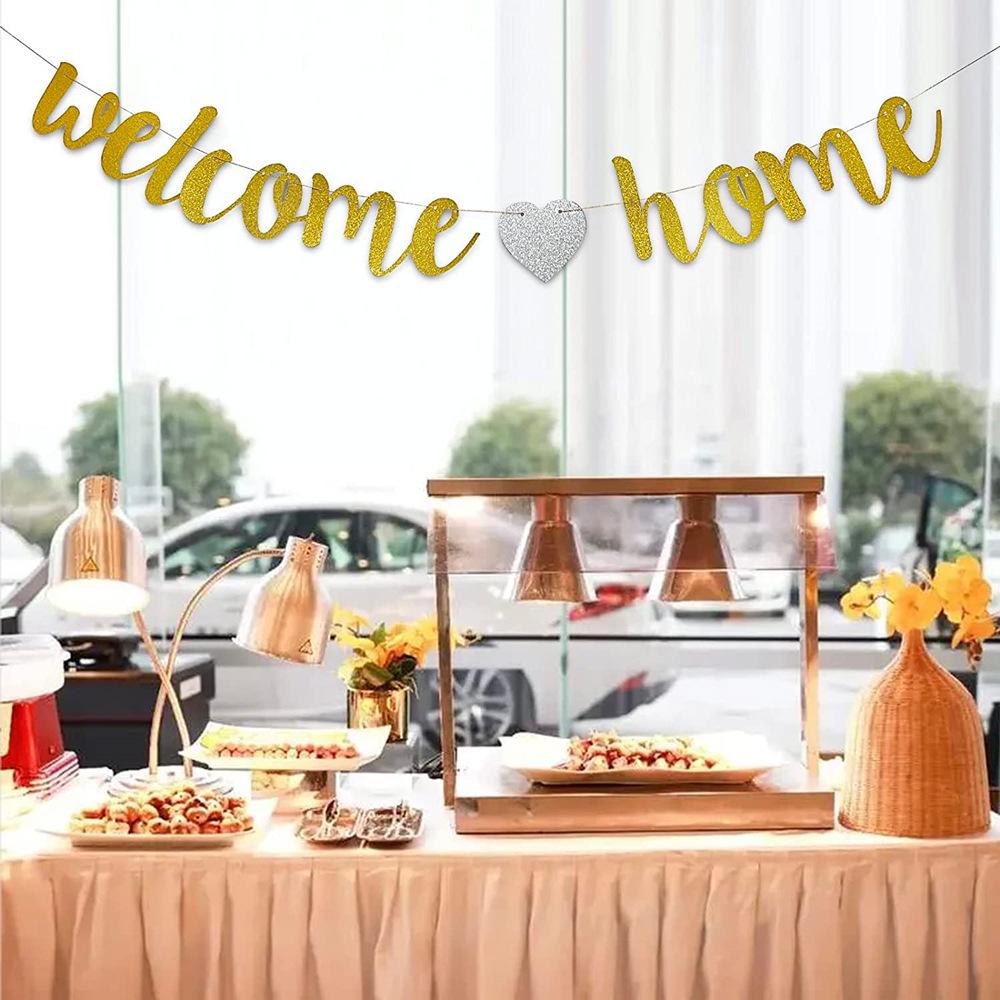 Gold Glitter Welcome Home Paper Banner for Wedding or Baby Shower Decoration