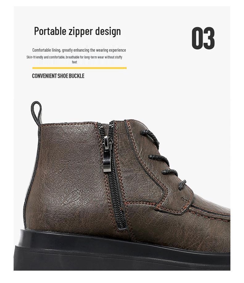 Men's Cowhide Lace-up Martin Boots - Winter Thick Sole, Outdoor Casual, Height-increasing Mid-top Work Shoes