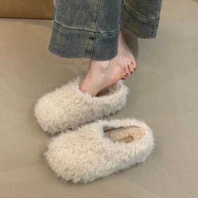 Thick-bottomed Small Man with Inner Height Increase, Gentle and Cute, Sheep Curly Hair, Warm and Velvet, One Pedal, Muller Cotton Slippers.