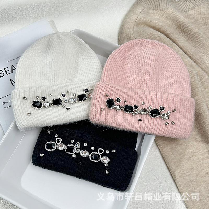 Hat Women's Autumn and Winter Rabbit Hair Warm Knitted Hat Women's Group Wind Fashion Rhinestone Wool Hat Versatile Crouch Cold Hat