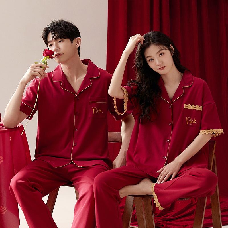 

Новый красный хлопковый пижамный комплект для пары: Рубашки и брюки с короткими рукавами и лацканами для молодоженов Women s L