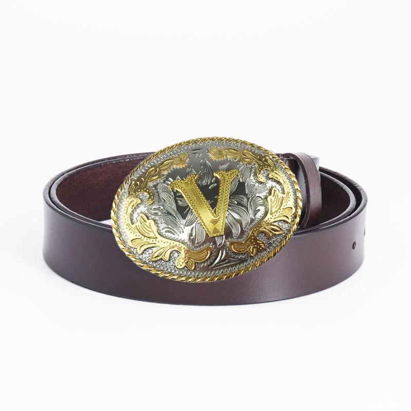 Herren Punk Rock Vollrindleder Gürtel Runde Plattenschnalle Glatte Schnalle Vintage Western Stil Gürtel