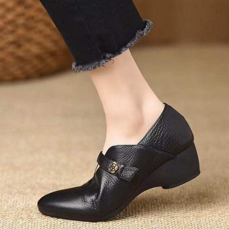Wedge heel single shoes women's autumn new pointed tip comfortable soft sole Mary Jane shoes small leather shoes one pedal shoes