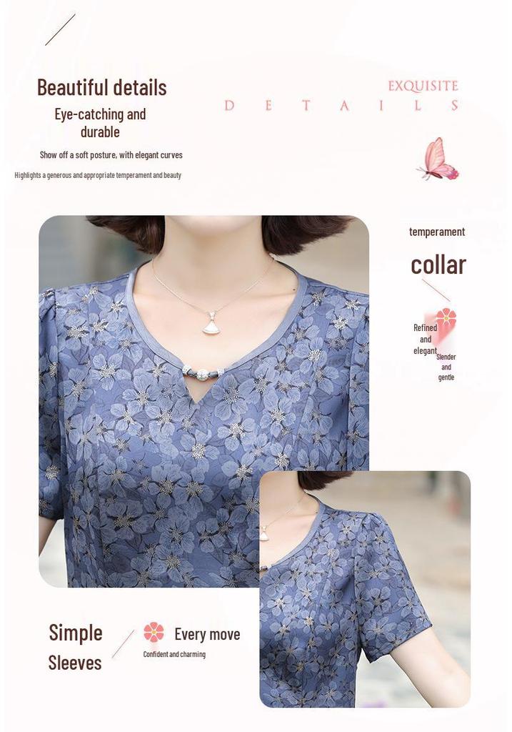 Blue Floral Print Slimming Dress for Middle-Aged and Elderly Women - Summer 2026 Fashion