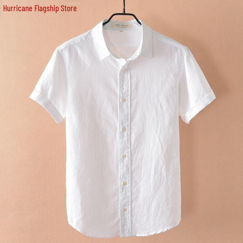 Men's Slim Fit Short Sleeve Breathable Linen Shirt - Summer Casual Lapel Top, White