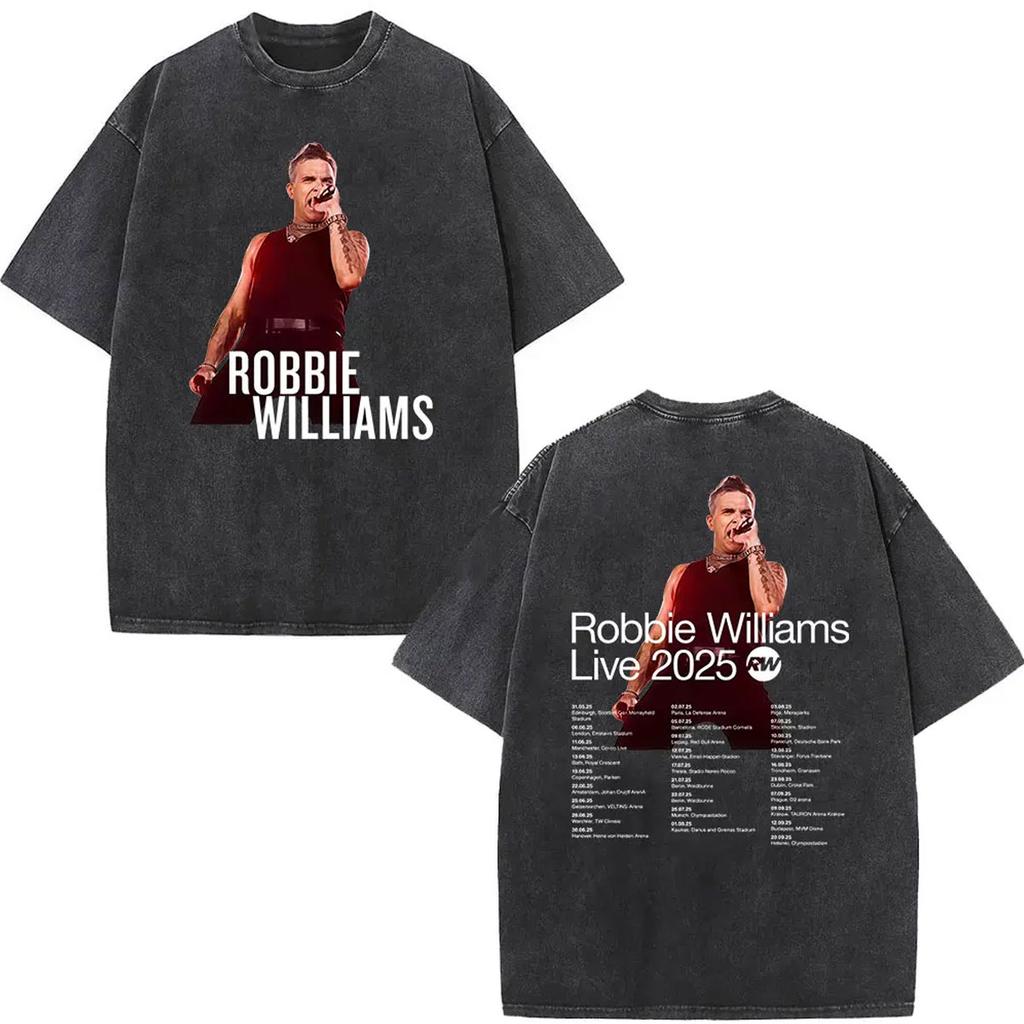 Vintage Washed Robbie Williams BRITPOP Tour 2026 Double Sided T Shirt Men's Women Clothing Fashion High Quality Cotton T-shirts