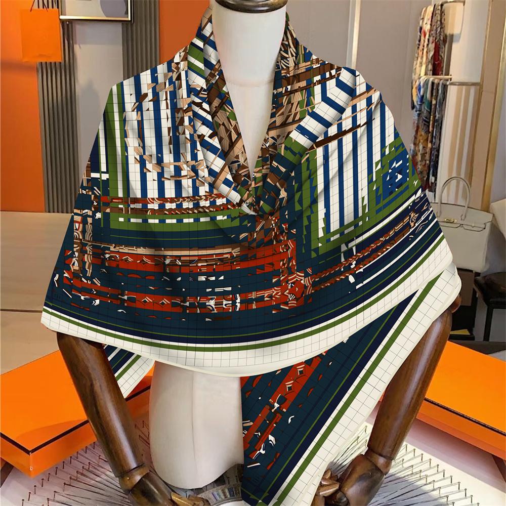 POBING Cachecol 30% Seda 70% Caxemira Mulheres Lançado à Mão Geométrico Quadrado Cachecóis Envoltórios Bandana Hijabs Grandes Feminino Foulard 135CM