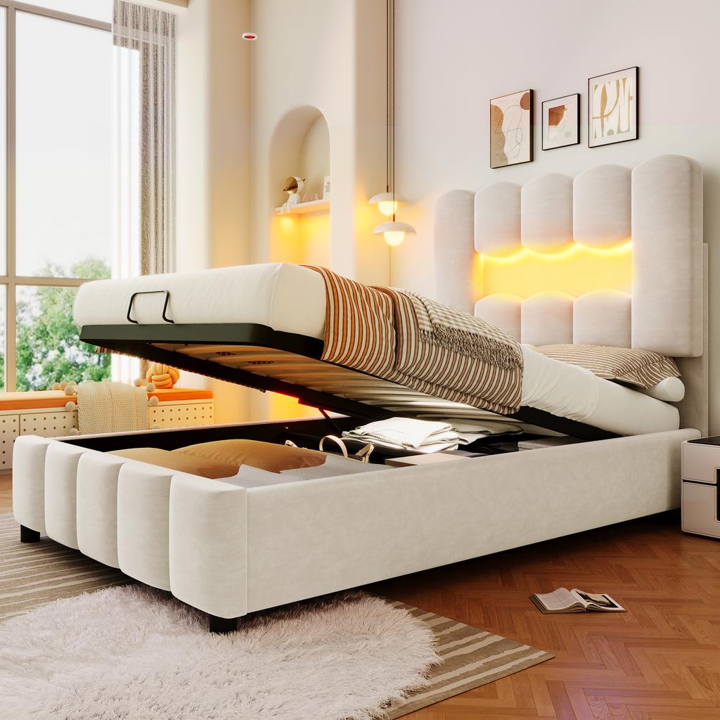 Upholstered Bed, 90 X 200 Cm, Without Mattress, LED Lighting, with Hydraulic Lift, Adjustable Headboard, Velvet, Beige