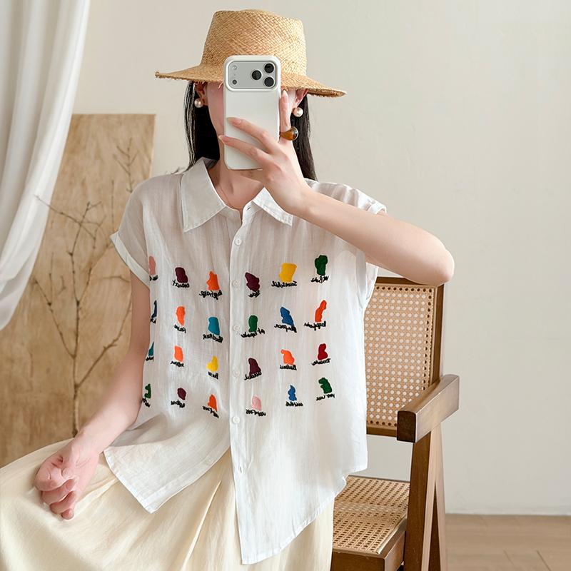 DIMANAF 2026 Summer New Plus Size Women Blouse Shirt Casual Lady Tops Tees Loose Embroidery Floral Cotton
