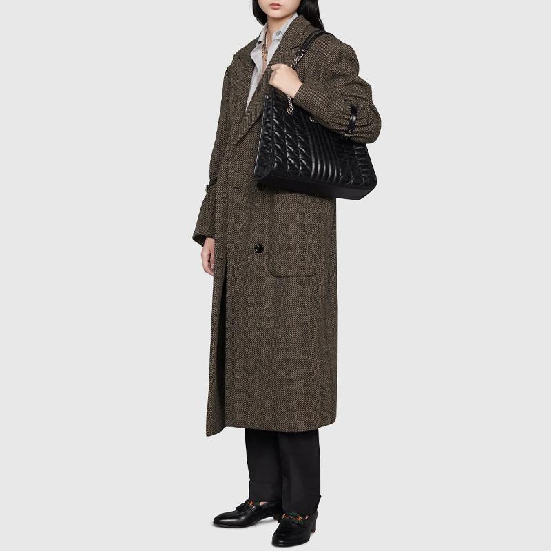Gucci GG Marmont Silver Logo Vertical Stripe Quilted Large Capacity Versatile Chain Leather Tote Shopping Crossbody Shoulder Bag 675796-UM8BN-1000
