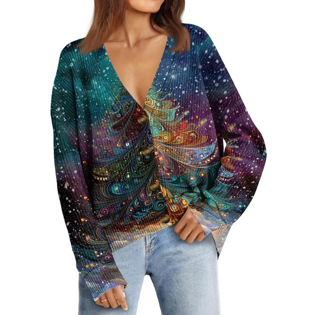 Women's Fashion Long Sleeve Christmas Print V-Neck Button Loose Cardigan Top