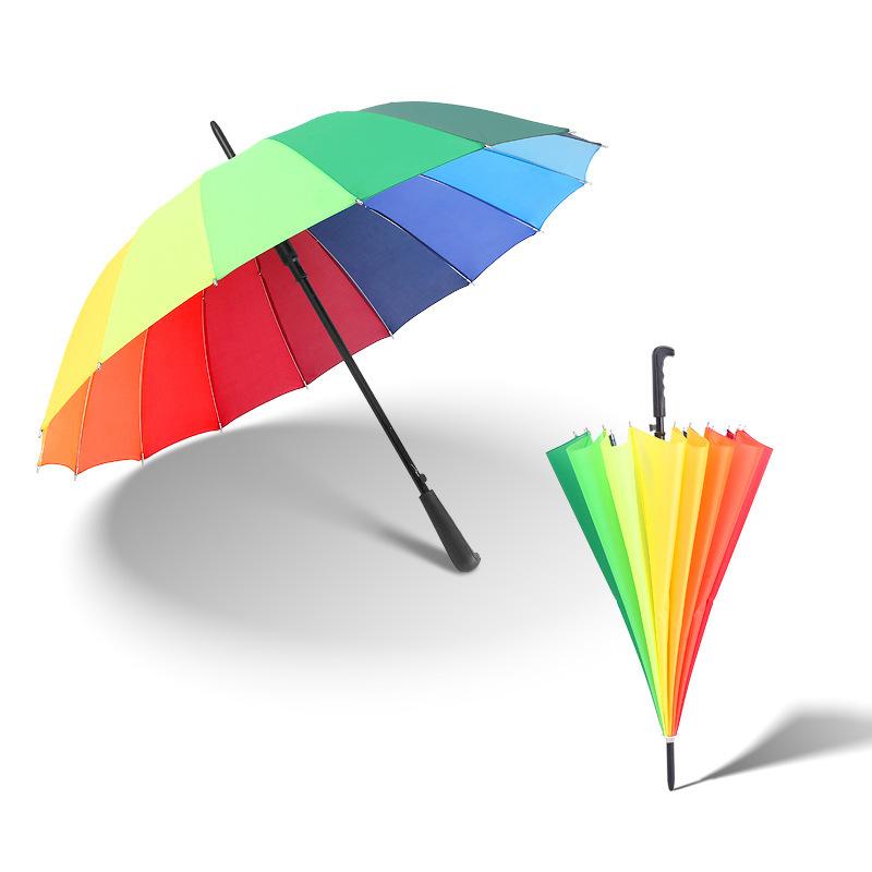 16-Bone Rainbow Umbrella Long Handle Logo Printable Advertising Gift Umbrella Business Promotion Iron Frame Rain Umbrella