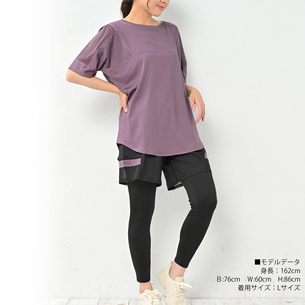 JANJAM Plus Size Short Sleeve and Size 3L Women's 3-Piece Set Mesh-Trimmed T-Shirt, Shorts, Leggings, Sportswear, Purple,
