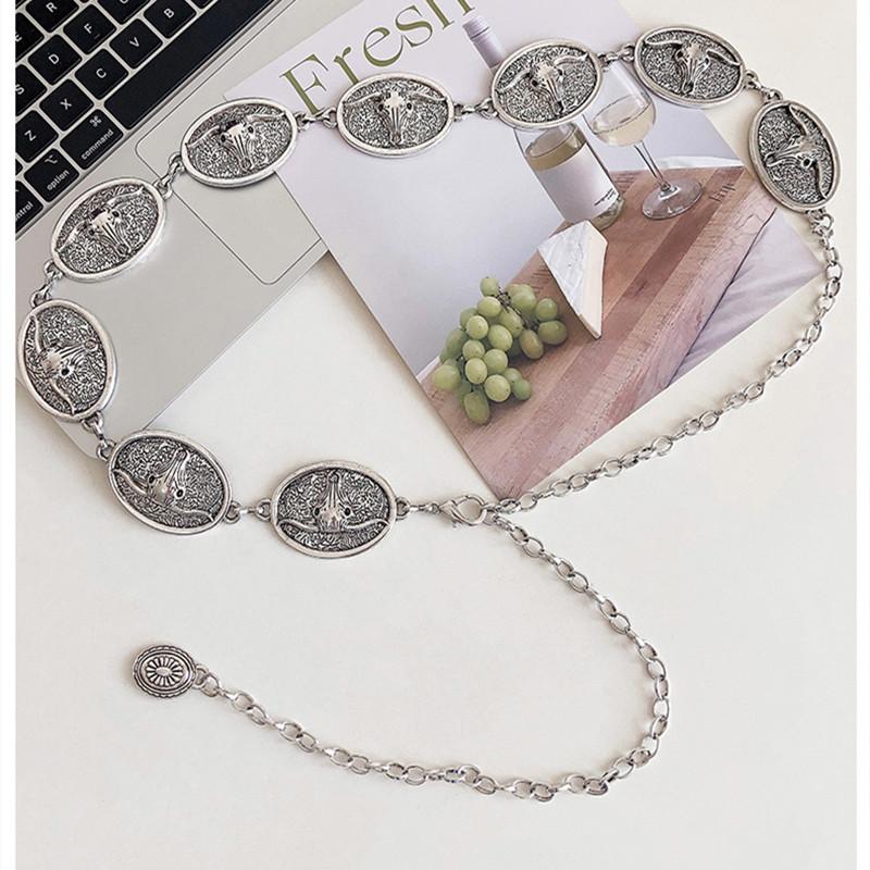 Vintage Y2K Punk Corset Waistband Silver Chain Belt with Sun Bull Coins Design Fashionable Designer Accessory for Women